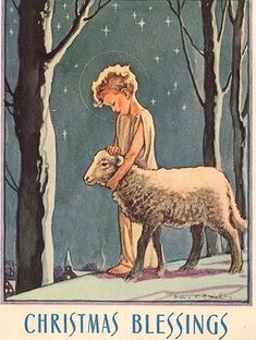 an old fashioned christmas card with a boy holding a sheep