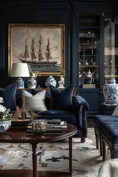 a living room filled with blue furniture and paintings on the wall behind it's glass doors