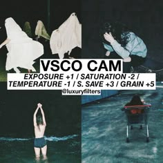 four different pictures with the words vgo cam exposure 1 / saturation 2 / temperature 1 / save 3 / grain + 5