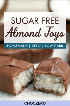 chocolate covered almond joys with text overlay that reads, sugar free almond joys homemade keto low carb