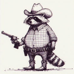 Funny Fat Raccoon Cowboy Revolver Pencil Drawing Old Cowboy Drawing, Racoon Character Design, Cowboy Revolver, Cowboy Boots Drawing, Fat Raccoon, Cowboy Raccoon, Cowboy Hat Drawing, Rugged Cowboy, Cowboy Draw