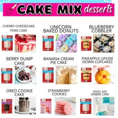 the cake mix desserts list is shown in pink, blue and white colors with different types