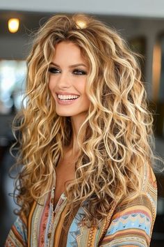 Dimensional Blonde Natural Curly Hair, Multi Textured Perm Before And After, Perm On Blonde Hair, Lainey Wilson Hairstyles, Curly Haircut And Color, Long Layers Curly Hair Face Framing, Large Spiral Perm, Long Blonde Hair With Layers Wavy, Body Waves Long Hair