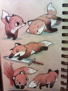 a drawing of three foxes laying on top of each other next to a surfboard