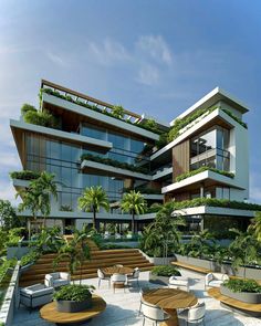 an artist's rendering of a modern building with plants growing on the balconies