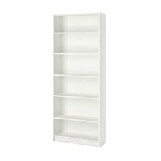 a white bookcase with four shelves on each side