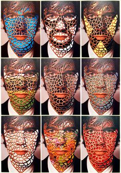 many different images of the same person's face with their masks made out of wire