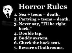 a poster with the words horror rules written in black and white, on a dark background