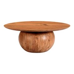 a wooden table with a circular top on it's side, against a white background