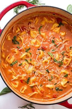 a red pot filled with tortellini soup on top of a white tablecloth