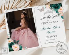 an image of a woman in a pink dress with flowers on it and the words save the date