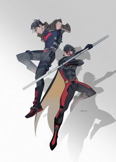 two anime characters are flying in the air with their arms around each other and holding swords