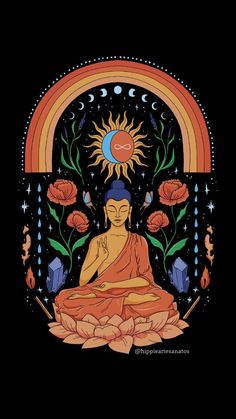 an image of buddha sitting in the lotus position with flowers and rainbows around it