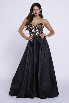 Leopard printed corset in princess strapless shape. Full silk skirt flows out from this dress. Black beading belted waistline. Long Black Strapless Dress, Prom Long, Dress Guide, Black Strapless Dress, Long Evening Gowns, Leopard Print Top, Applique Dress, Leopard Print Dress, Long Gown