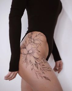 Lily Hip Tattoo, Fine Line Thigh Tattoos Women, Female Hip Tattoos, Mandala Hip Tattoo, Back Of Leg Tattoos, Side Hip Tattoos, Best Leg Tattoos