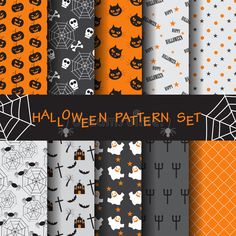 halloween pattern set with pumpkins, bats and spiderweaves on orange background