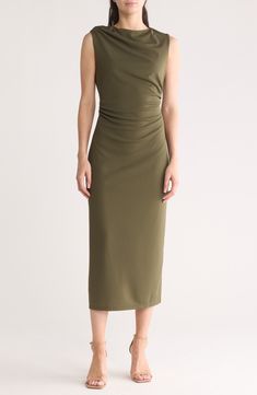 Side pleats create elegant draping on this midi-length dress cut in a refined sleeveless silhouette. Slips on over head Jewel neck Sleeveless Lined 100% polyester Machine wash, dry flat Imported Midi Ruched Dress, Draped Midi Dress, Draped Midi Dresses, Ruched Midi Dress, Daytime Dresses, Nordstrom Anniversary Sale, Green Olive, Contemporary Outfits, Sweaters And Leggings