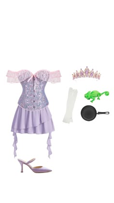 a purple corset with accessories including high heel shoes