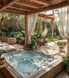 a large hot tub sitting on top of a wooden deck next to a lush green yard