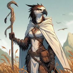 an image of a woman with a bird on her shoulder holding a staff and standing in tall grass