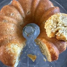 a bundt cake is cut in half and ready to be eaten