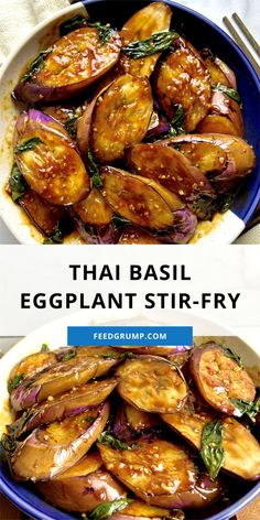 thai eggplant stir - fry in a blue bowl