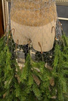 there is a chicken net on top of some pine branches in front of a mirror