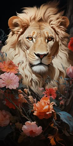 a painting of a lion surrounded by flowers and leaves on a black background with an orange light coming from its eyes