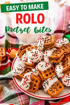 easy to make rolo pretzel bites recipe on a white plate with green and red plaid tablecloth