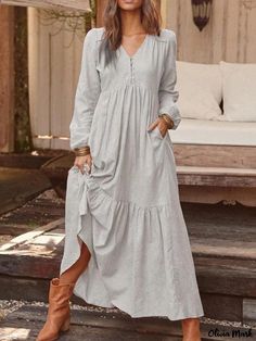 Olivia Mark - Cotton and Linen Vintage Casual Long-sleeved Dress with Multiple Colors and a Flared Hemline Sukienki Maksi, Vacation Maxi Dress, Maxi Shift Dress, Cotton Long Dress, Womens Fall Dress, Long Sleeve Casual Dress, Women Maxi, Long Sleeve Maxi, Loose Dress