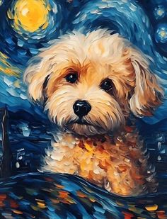 a painting of a dog sitting in front of a starry night sky with stars