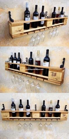 two wooden shelves holding wine glasses and bottles