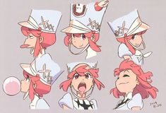 some anime characters with different hats on their heads and one has an angry look at the camera