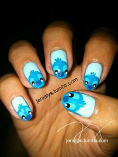 Stitich nail art Stitch Nail Art Simple, Stitch Nail Designs Simple, Stitch Nails For Kids, Faces Nail Art