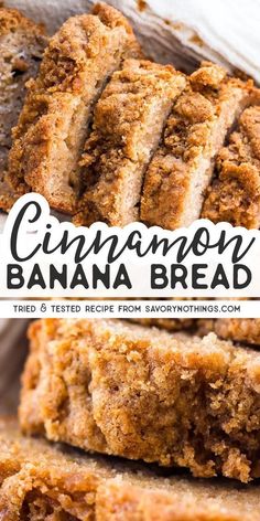 cinnamon banana bread cut into slices and stacked on top of each other with text overlay