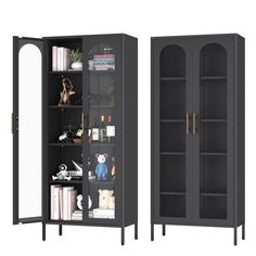 two black bookcases with mirrors on the doors and one has a teddy bear in it