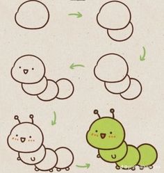 the drawing shows how to draw caterpillars in different stages of development, from baby to adult