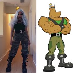 a woman with white hair and green pants standing next to an image of a cartoon character