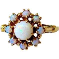 The opals on this ring are so perfectly matched and so wonderfully fiery, it will take your breath away---#vintagebeginshere at www.rubylane.com #opal #vintagejewelry Gold Halo Ring, Top Engagement Rings, Cushion Halo Engagement Ring, Favorite Engagement Rings, Fine Engagement Rings, Jewelry Board, Beautiful Wedding Rings, Fine Ring