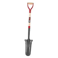 a red and black shovel with wooden handle