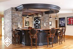 a bar with stools in the middle of a room