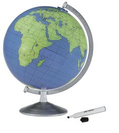 a blue and green globe sitting on top of a metal stand next to a marker