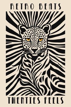 a black and white poster with an image of a leopard on it's face