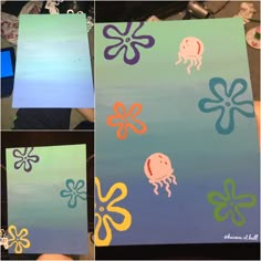 four different pictures of an octopus and jellyfish painted on canvases with colored acrylic paint