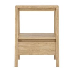 the side table is made out of wood and has two drawers on each side, one with