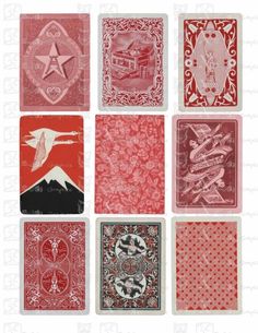 six different types of playing cards with designs on the front and back, all in red