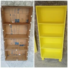 two shelves with boxes stacked on top of each other in different stages of being painted yellow