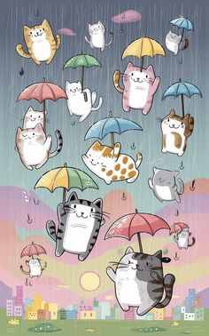 many cats are holding umbrellas in the rain