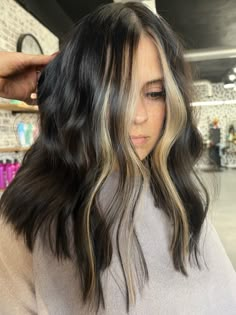 Dark Roots To Light Ends, Contrast Money Piece Hair, Summer Money Piece Hair, Partial Foil With Money Piece, Deep Chocolate Brown Hair With Money Piece, Dark Hair With Peak A Boo Highlights, Mid Length Hair With Money Piece, Bright Money Piece Dark Hair