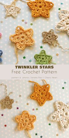 crocheted stars are hanging on the wall